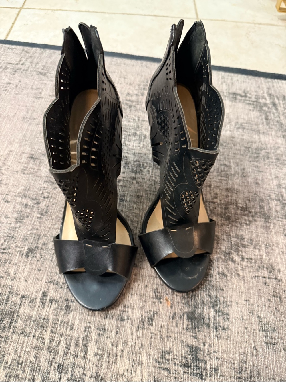 Women's Black Laser-Cut Open-Toe Heels
